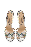 Women's Silver Stone Embellished High Thin Heel Sandals | Derimod