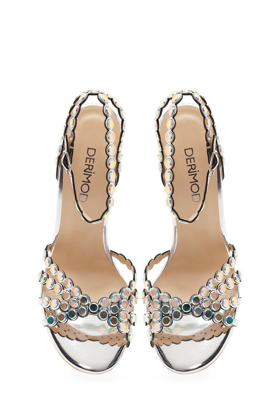 Women's Silver Stone Embellished High Thin Heel Sandals
