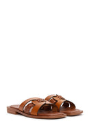 Women's Brown Knitted Detailed Leather Slippers | Derimod