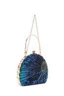 Women's Blue Long Chain Strap Sequined Box Evening Handbag | Derimod