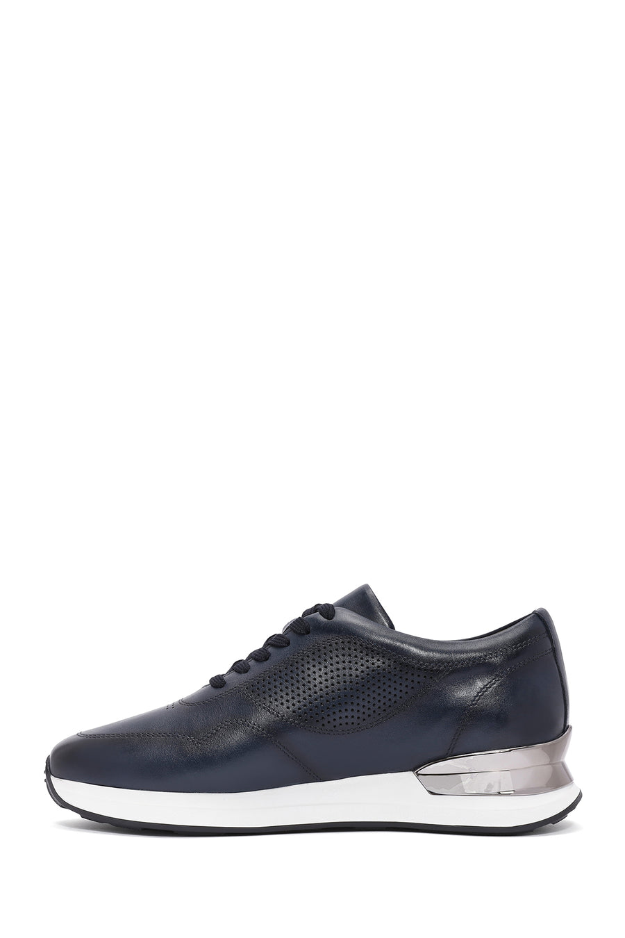 Men's Navy Blue Lace-up Thick-Sole Leather Sneaker