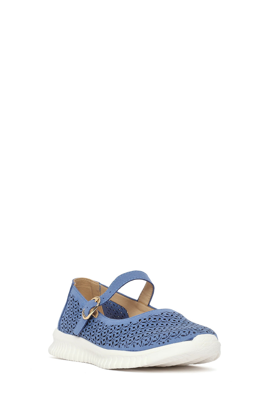 Woman Blue Buckled Patterned Suede Comfort Shoes