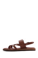 Women's Tan Ankle Strap Flip-Flop Leather Sandals | Derimod