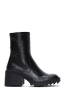 Women's Black Zippered Thick Heeled Leather Boots | Derimod