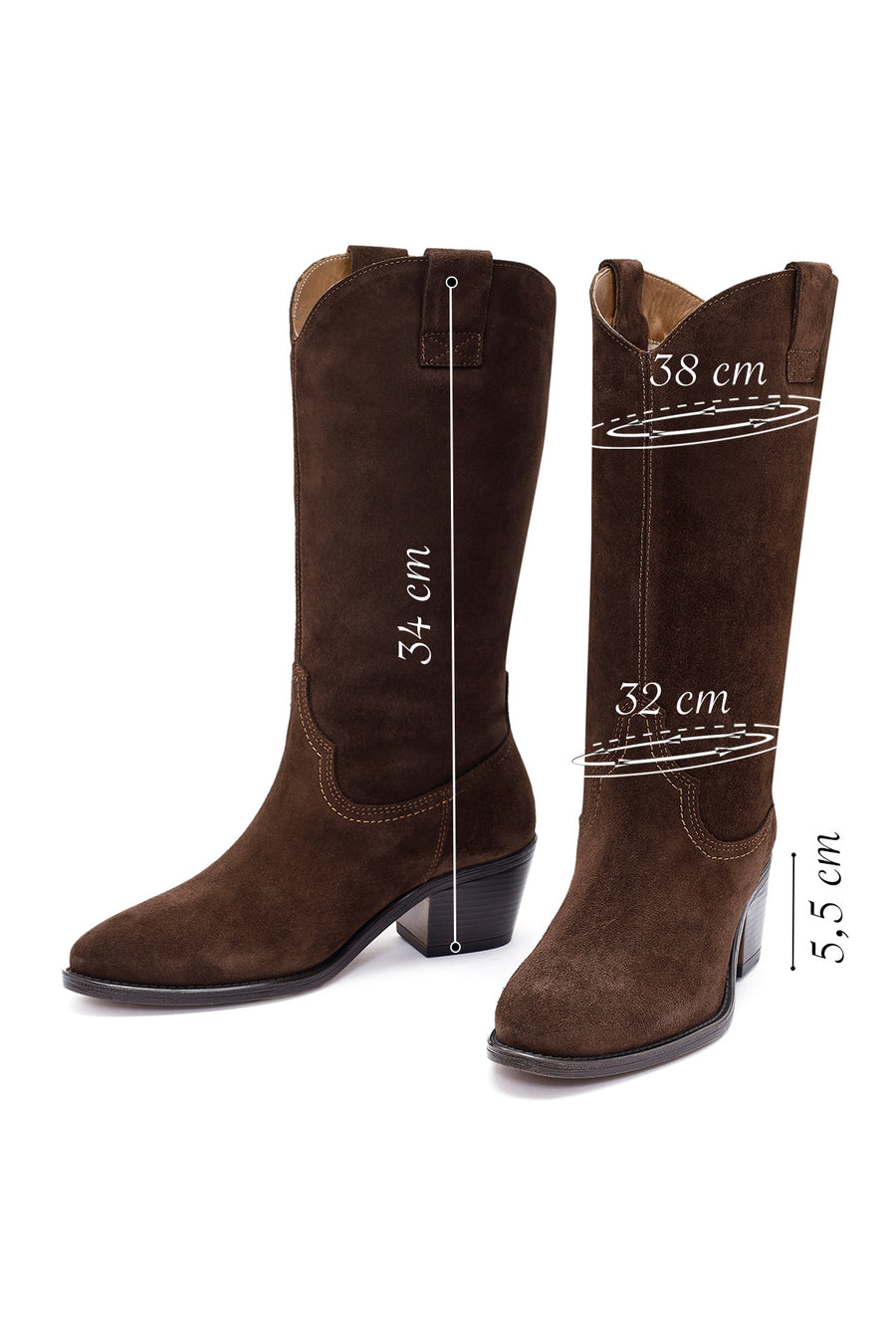 Women's Brown Chunky Heel Suede Leather Cowboy Boots