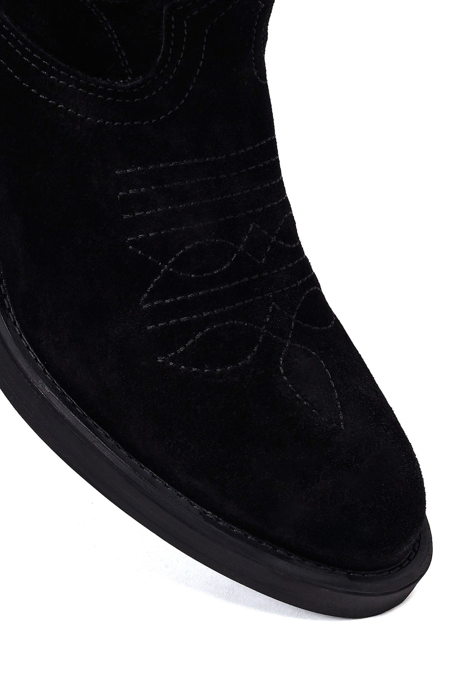 Woman Black Short Chunky-Heel Suede Cowboy Boots