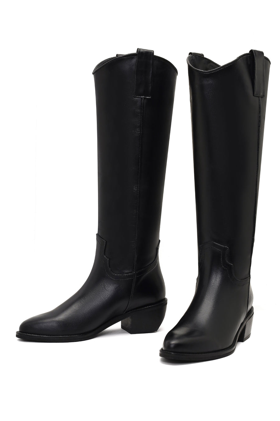 Women's Black Low-Heeled Leather Cowboy Boots