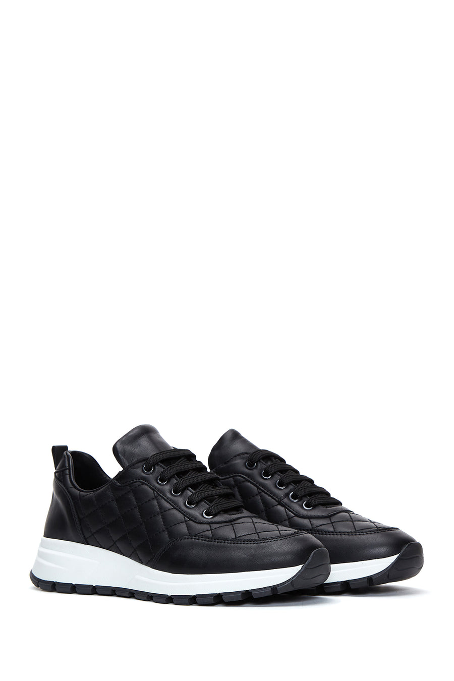 Women's Black Lace-Up Quilted Patterned Leather Sneakers