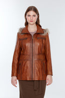 Rachel (Plus) Women's Camel Leather Coat | Derimod