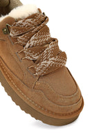 Women's Camel Lace-Up Thick-Soled Furry Suede Leather Teddy Sneaker | Derimod