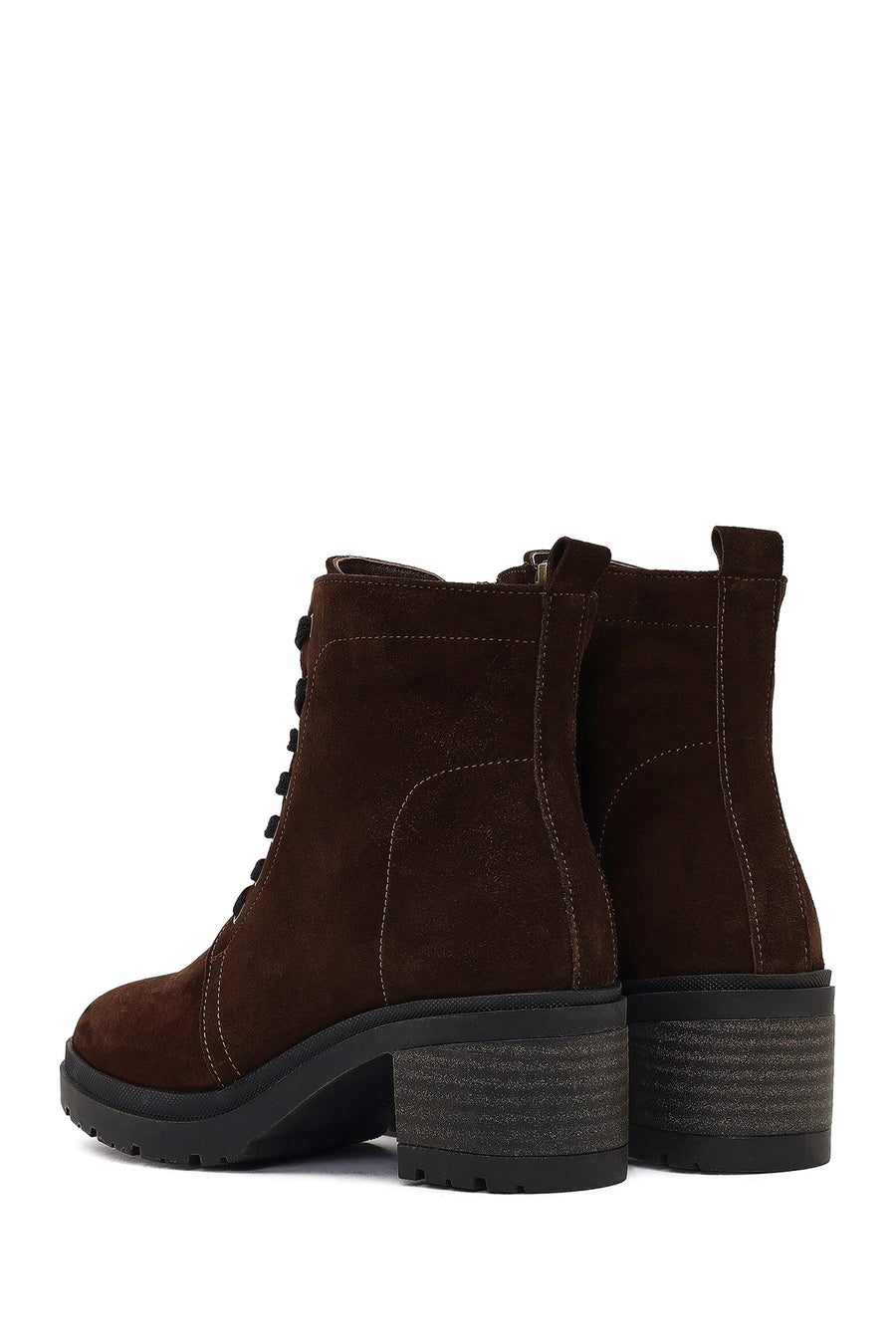 Women's Brown Zippered Thick Heeled Suede Leather Boot