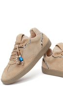 Woman Beige Lace-up Suede Leather Sneaker | Derimod
