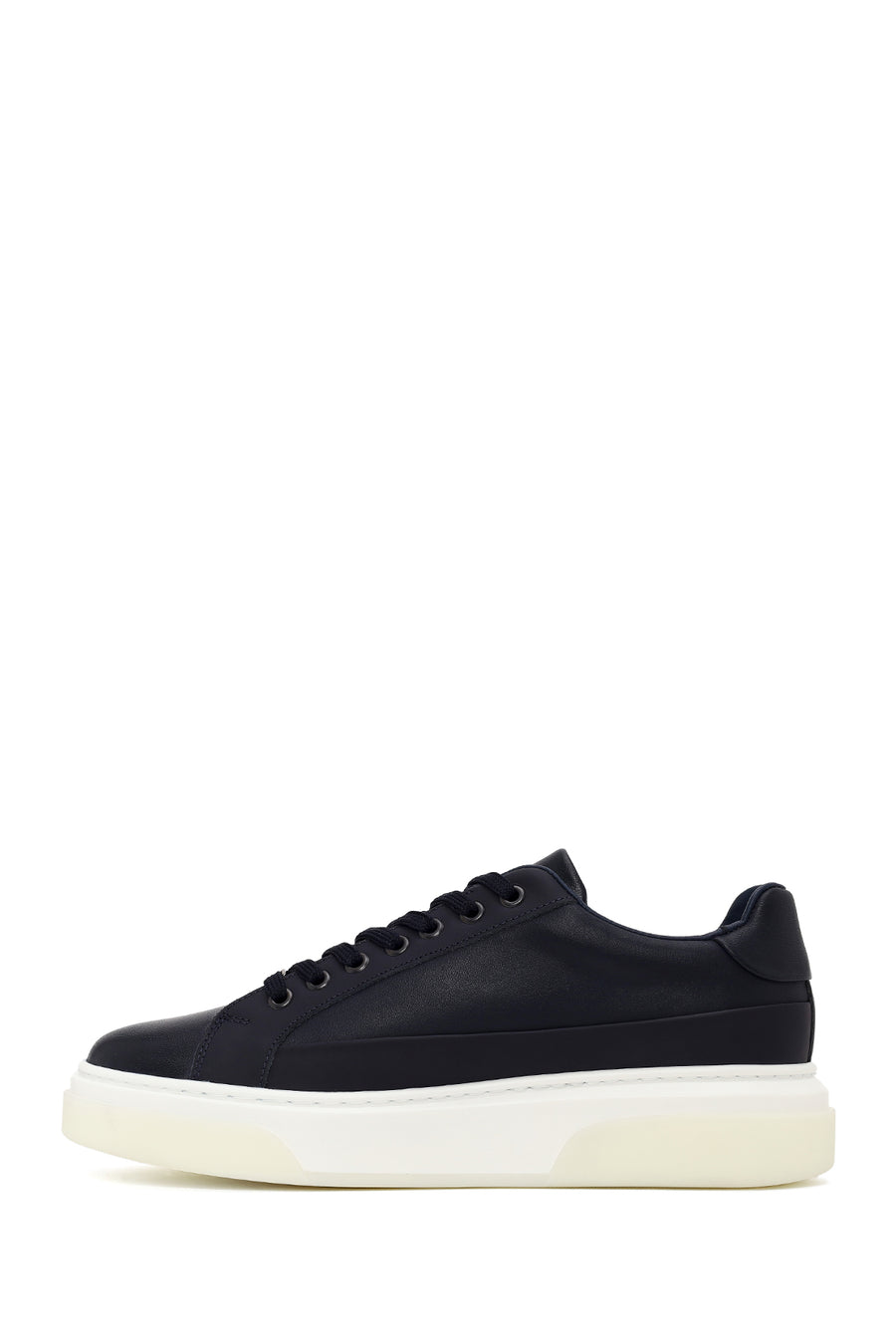 Erkek Lacivert Bağcıklı Kalın Tabanlı Deri Sneaker