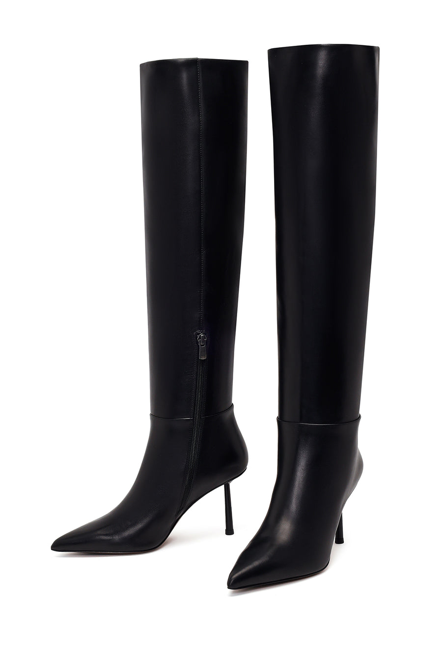 Woman Black Zip Closure Stiletto-Heel Leather Boots