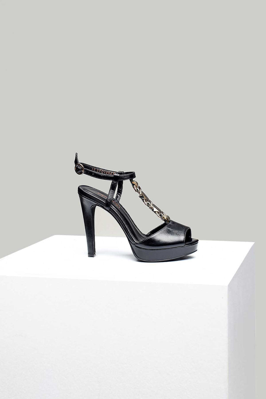 Women's Heeled Leather Sandals with Metal Detail