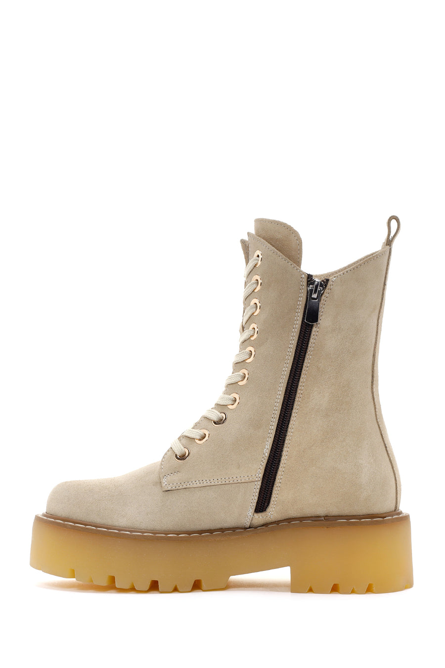 Women's Beige Thick Soled Zippered Suede Leather Boots