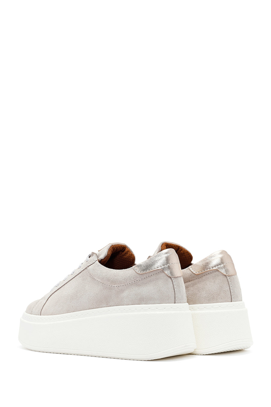 Women's Beige Lace-Up Chunky Sole Suede Leather Sneakers