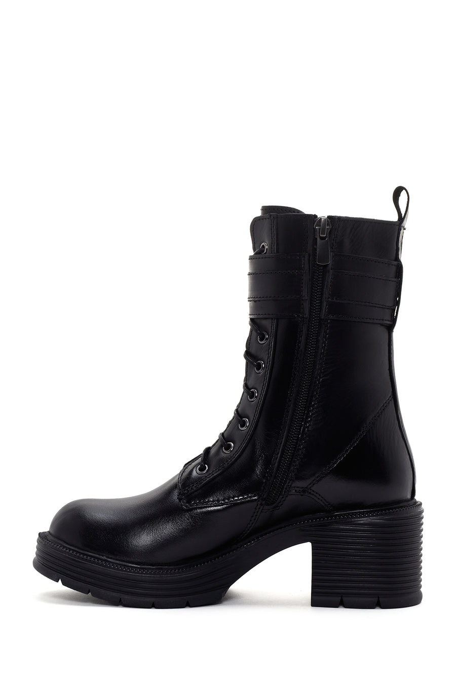 Women's Black Zipper Heeled Leather Boots