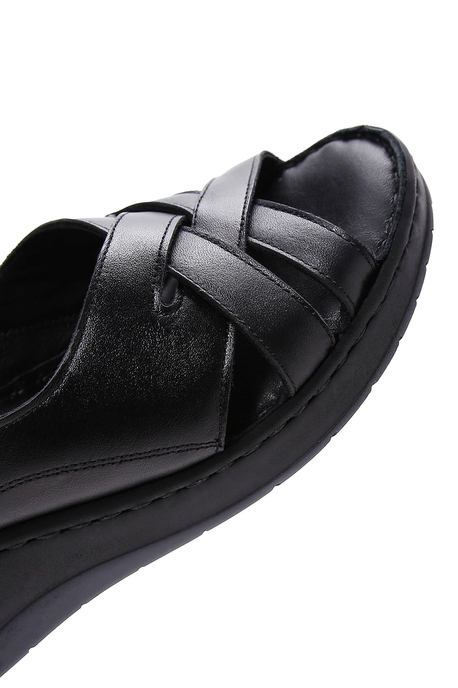 Women's Black Leather Wedge Heel Comfort Sandals