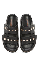 Women's Black Metal Detailed Leather Slippers | Derimod