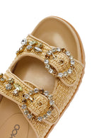 Women's Beige Straw Stone Slippers | Derimod