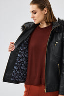 Meggy Women's Black Hooded Collar Fur Regular Leather Jacket | Derimod