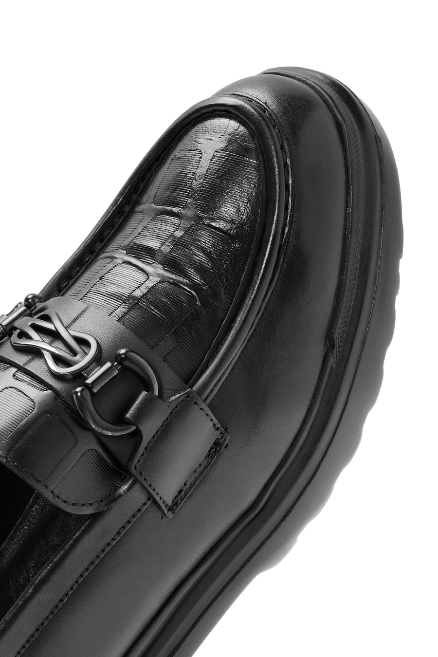 Men's Black Printed Buckle Detailed Leather Loafer