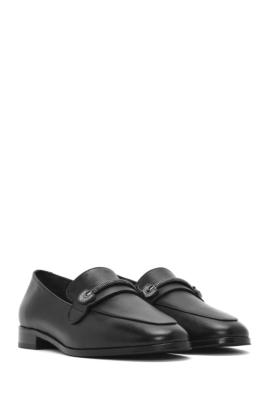 Women's Black Buckled Leather Masculine Loafer