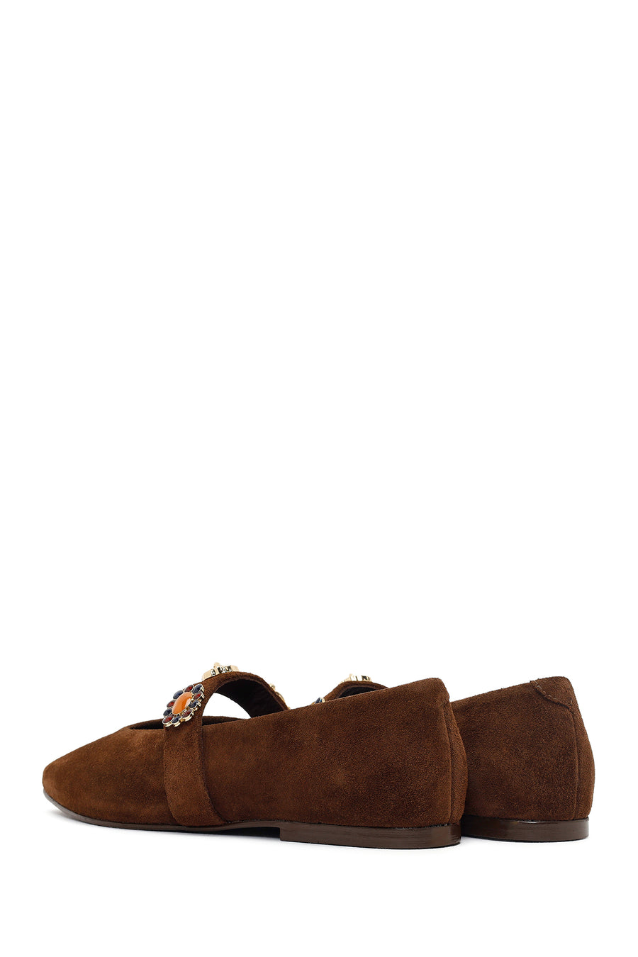 Women's Brown Suede Leather Ballet Flats with Rhinestones