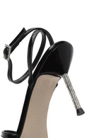 Women's Black Ankle Buckle Stoned Thin Heel Patent Leather Sandals | Derimod