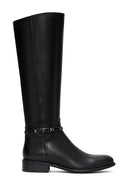 Women's Black Leather Buckle Flat Boots | Derimod