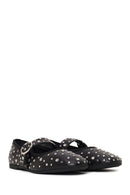 Women's Black Buckled Stoned Leather Ballerinas | Derimod