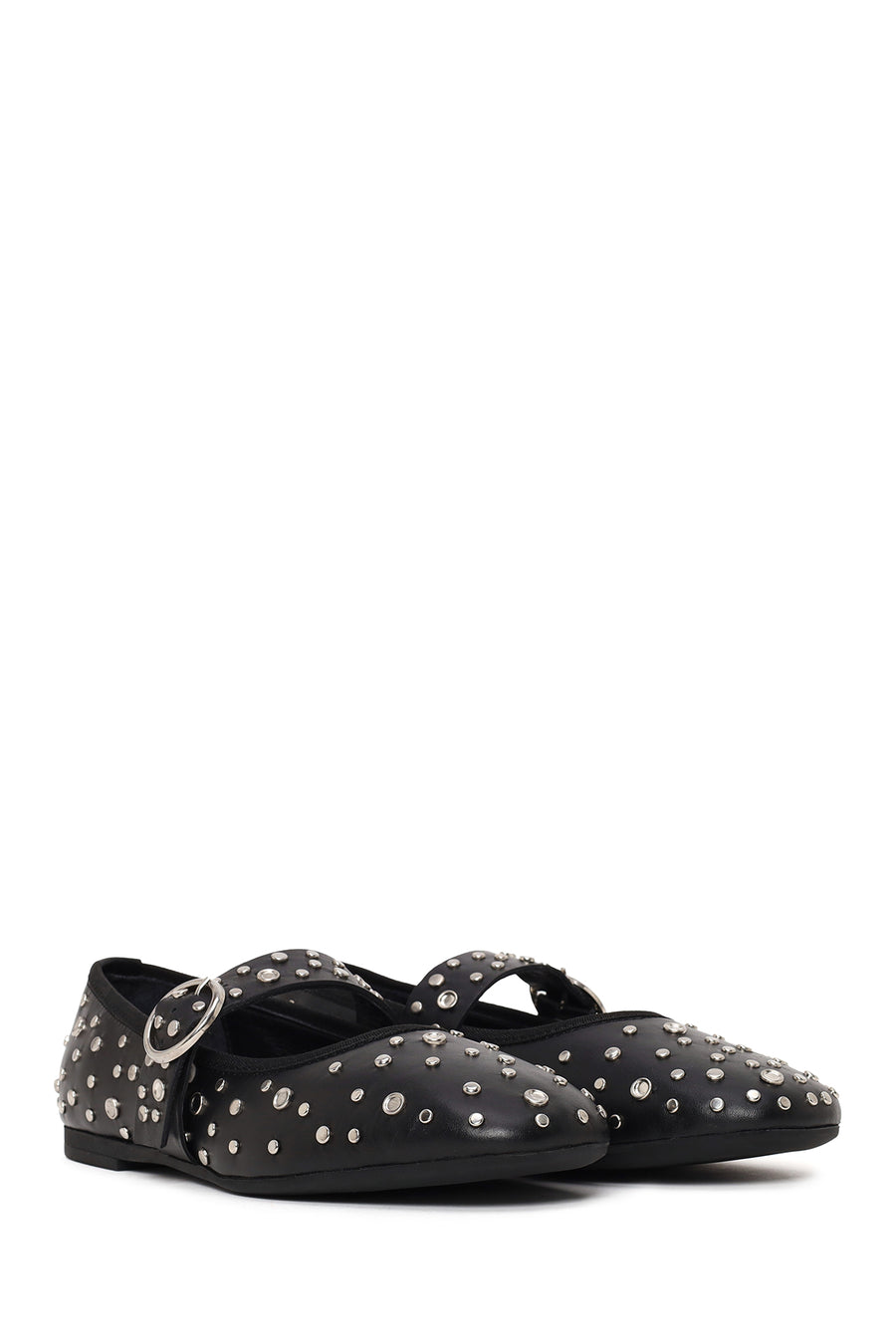 Women's Black Buckled Stoned Leather Ballerinas