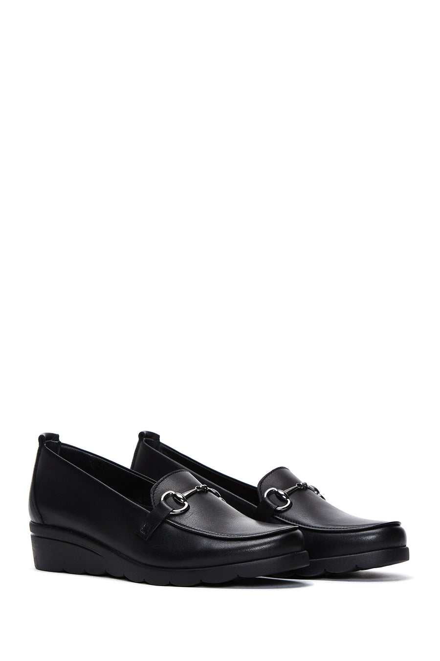 Women's Black Leather Wedge Heeled Comfort Loafer