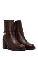 Women's Brown Buckle Chunky Heel Leather Boots | Derimod