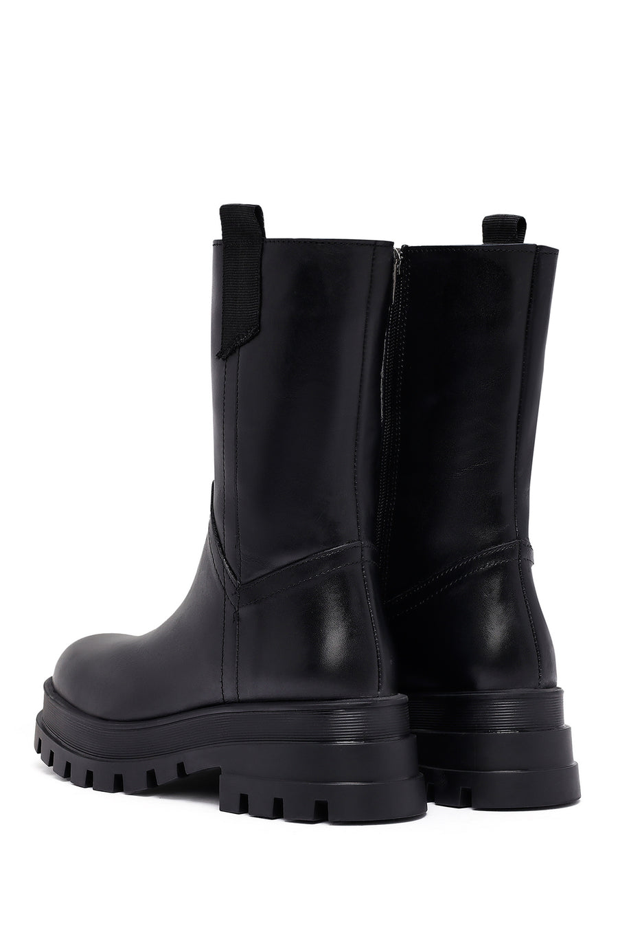Woman Black Zippered Thick Sole Leather Boat