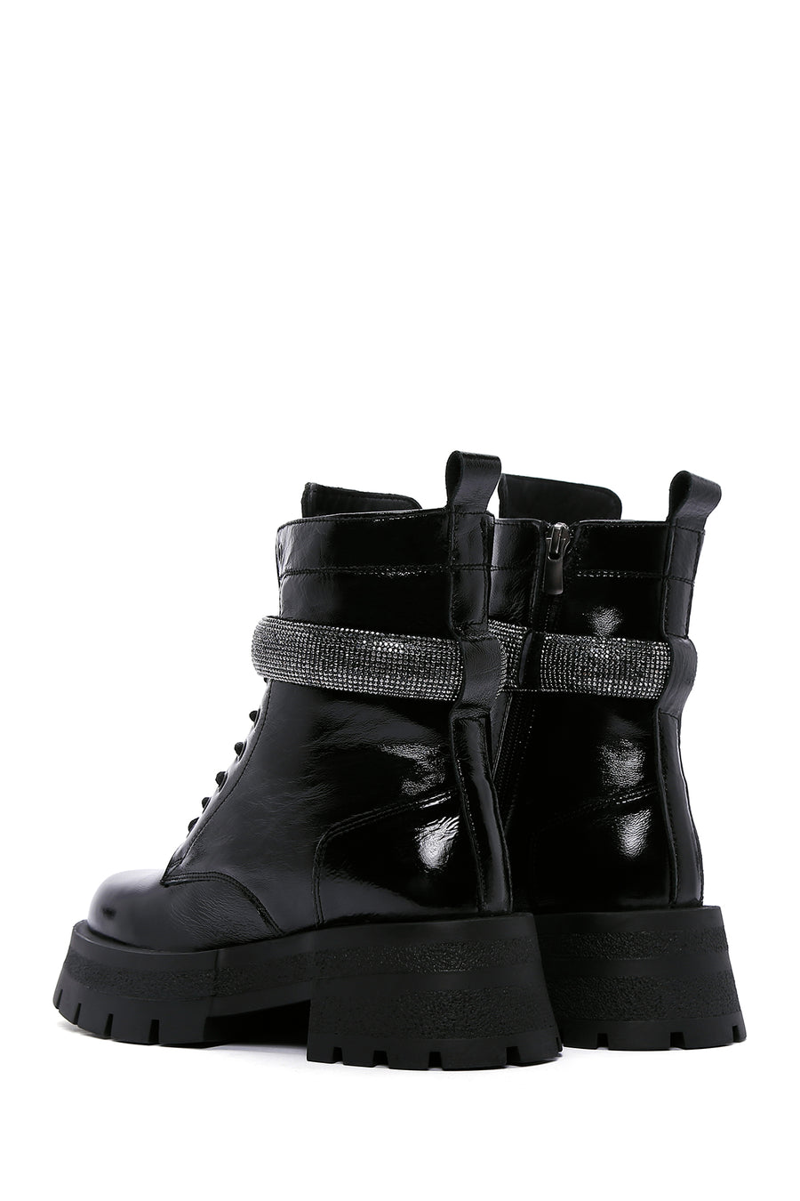 Women's Black Leather Stone Thick Soled Boots