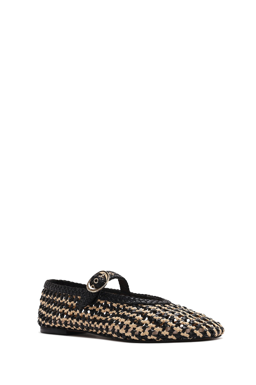Women's Black Buckled Straw Leather Ballerinas