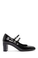 Women's Black Double Buckle Thick Heel Patent Leather Mary Jane Shoes | Derimod
