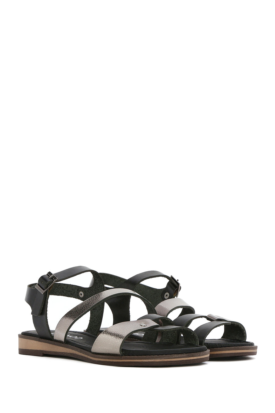 Women's Black Buckled Metallic Leather Bodrum Sandals
