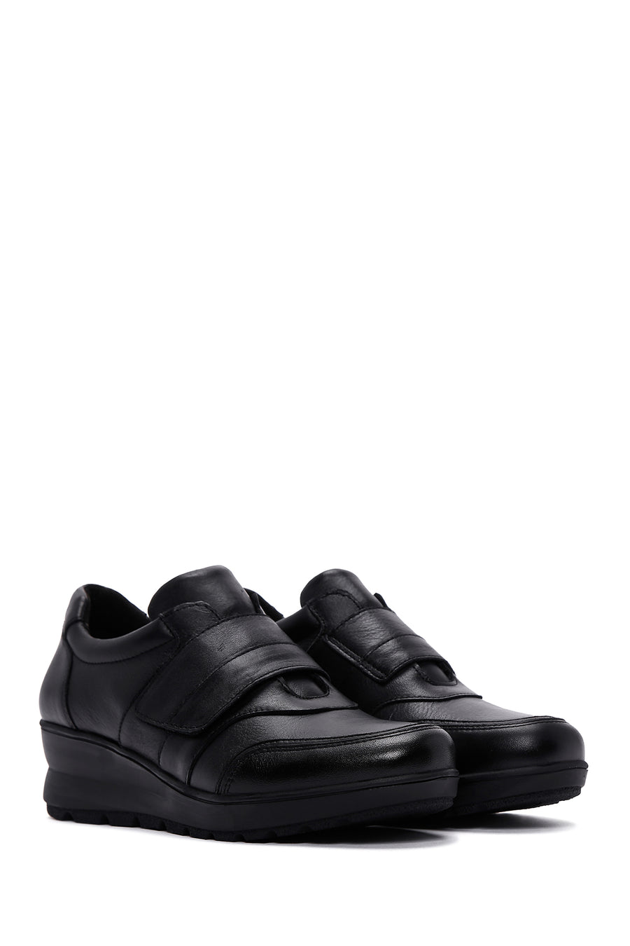 Women's Black Leather Wedge Heeled Comfort Shoes