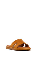 Woman Tan Suede Leather Slippers | Derimod