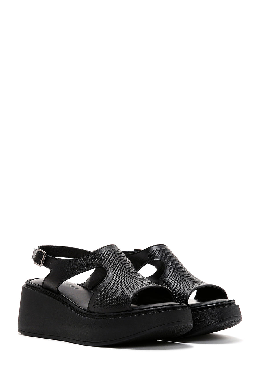 Women's Black Ankle Strap Wedge Heeled Leather Comfort Sandals