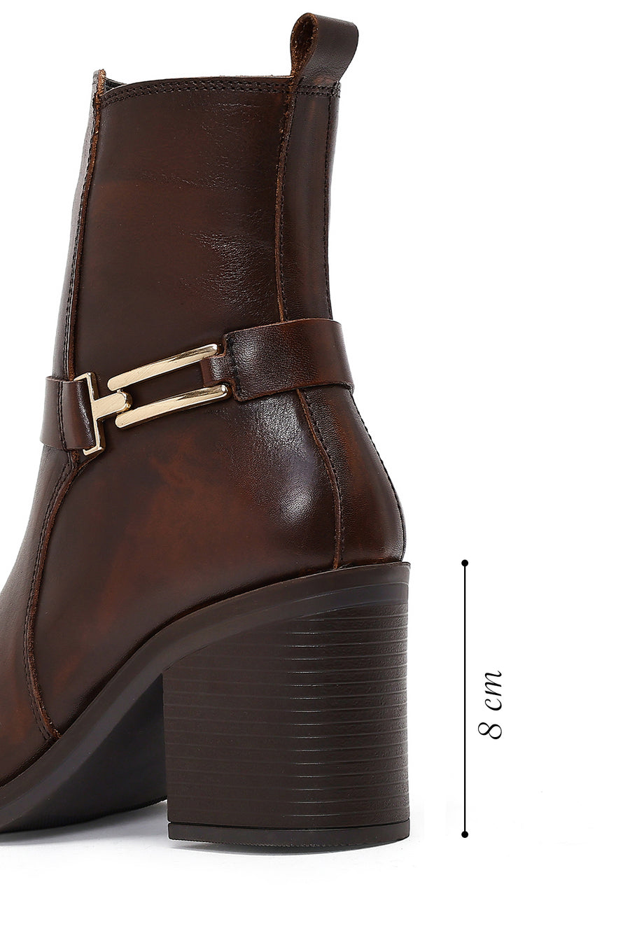 Women's Brown Buckle Chunky Heel Leather Boots