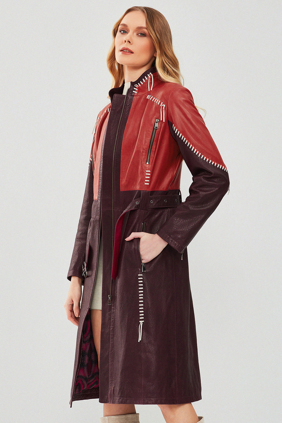 Carmen Women's Burgundy Leather Trench Coat