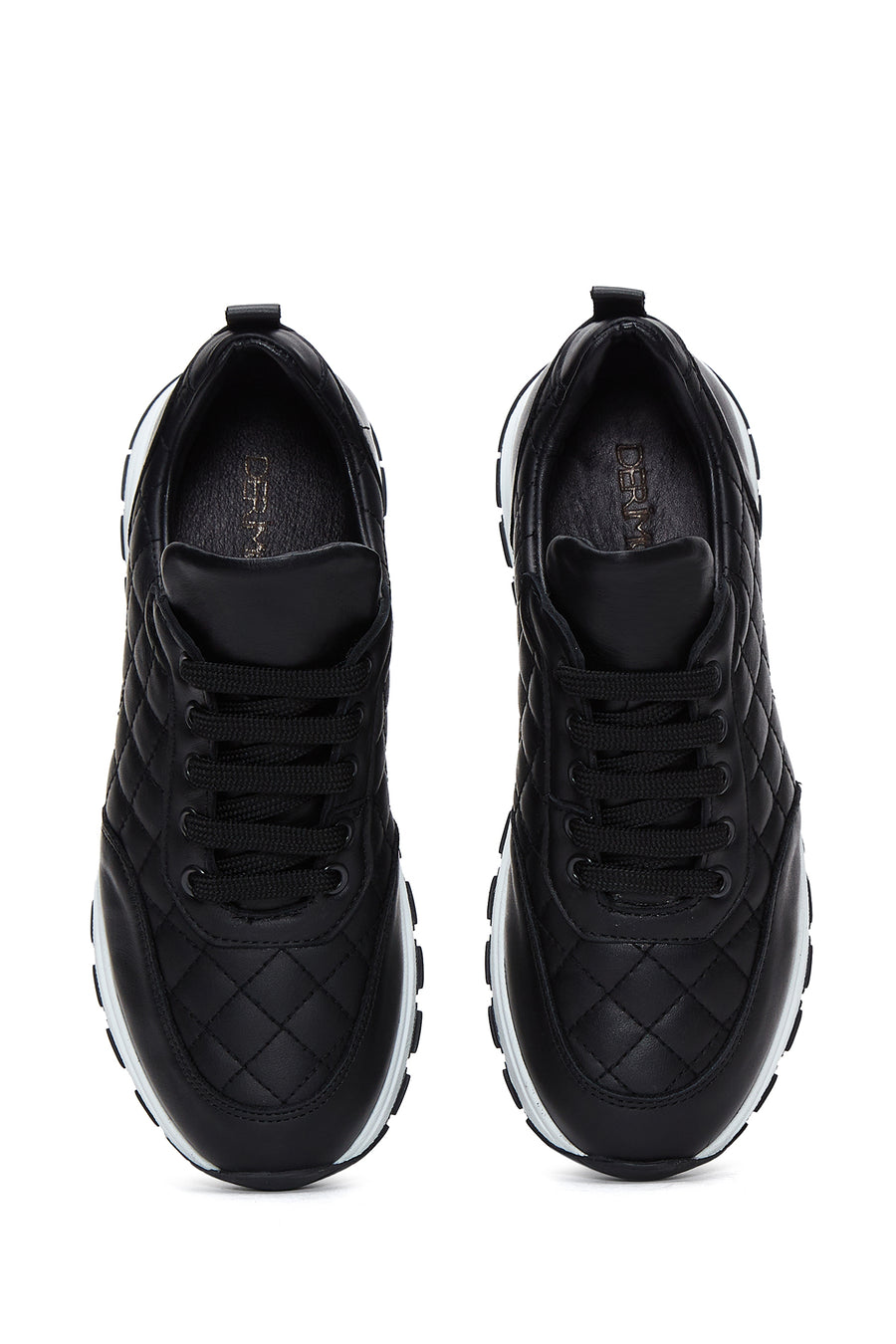 Women's Black Lace-Up Quilted Patterned Leather Sneakers