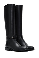 Women's Black Leather Buckle Flat Boots | Derimod