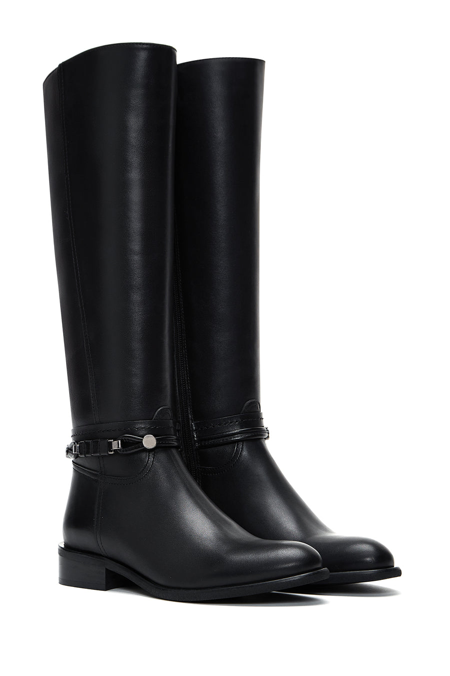 Woman Black Zippered Accessory Detail Leather Boot