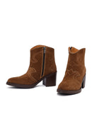 Woman Tan Suede Chunky Heel Leather Cowboy Boots | Derimod