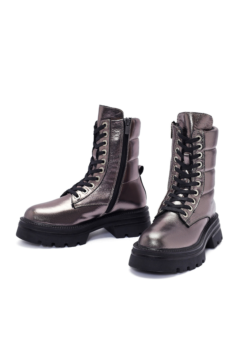 Women's Bronze Zipper Metallic Leather Combat Boots